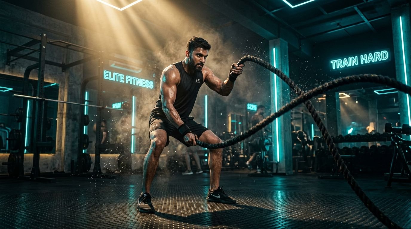 Athlete working with battle ropes on the Foundation strength floor